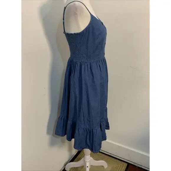 Japna Chambray Smocked Blue Sundress Midi Prairie Ruffle Hem Cottage Small Excel - Picture 11 of 13